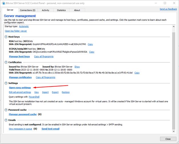 a picture of the opening screen for the bitvise admin ui